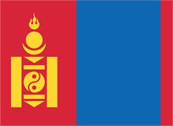[ai] The national flag of Mongolia featuring three vertical stripes. The left stripe is red with a yellow emblem, the center stripe is red, and the right stripe is blue.